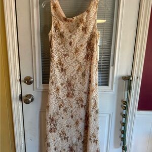Vintage Y2K Floral Patterned Maxi Slip Dress Lace Ivory Gold Glam Fairycore